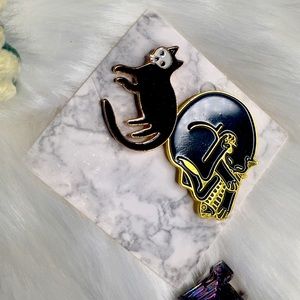 Skull-masked Black Cat + Skull Cat with Fish Pins
